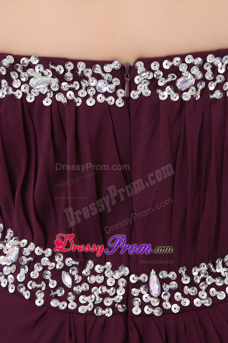 Beaded and Ruched Brush Train Prom Bridesmaid Dress in Dark Purple
