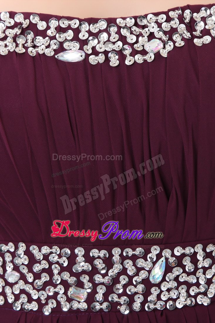 Beaded and Ruched Brush Train Prom Bridesmaid Dress in Dark Purple