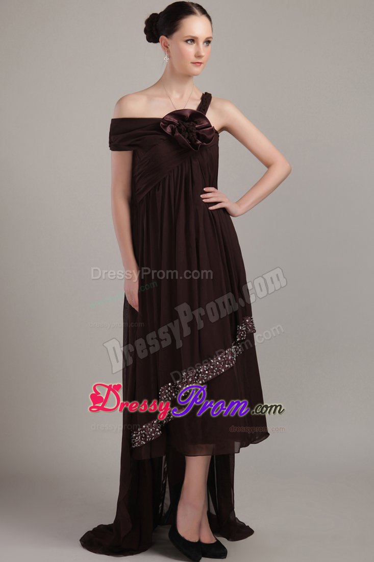 Asymmetrical Chiffon Prom Bridesmaid Dress with Beading and Flower