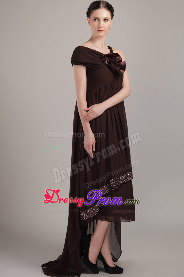 Asymmetrical Chiffon Prom Bridesmaid Dress with Beading and Flower
