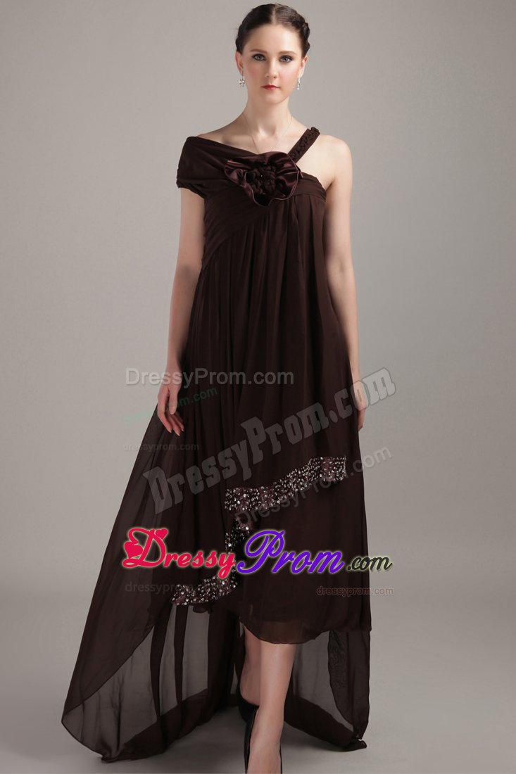 Asymmetrical Chiffon Prom Bridesmaid Dress with Beading and Flower