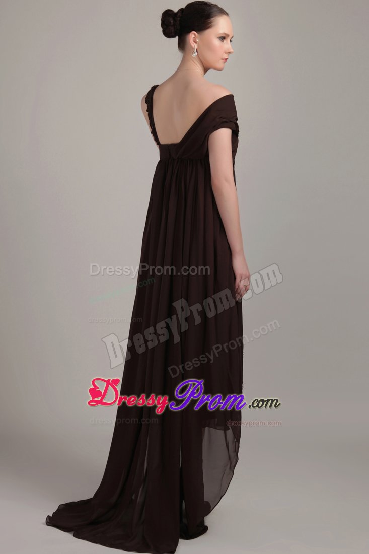 Asymmetrical Chiffon Prom Bridesmaid Dress with Beading and Flower
