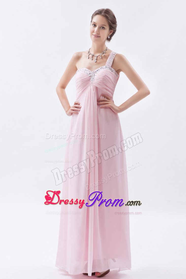 Baby Pink Empire One Shoulder Prom Bridesmaid Dress with Beading