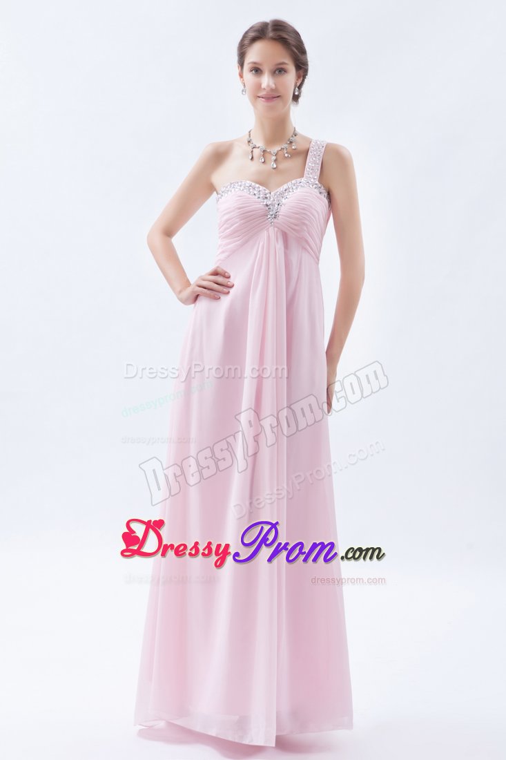 Baby Pink Empire One Shoulder Prom Bridesmaid Dress with Beading