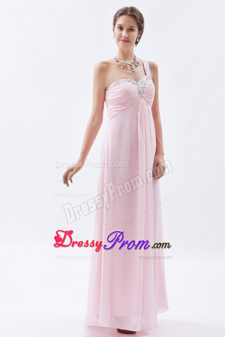 Baby Pink Empire One Shoulder Prom Bridesmaid Dress with Beading
