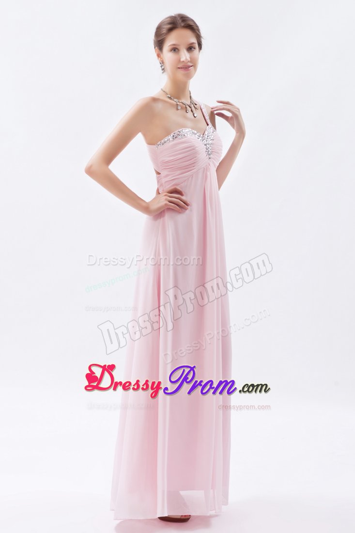 Baby Pink Empire One Shoulder Prom Bridesmaid Dress with Beading