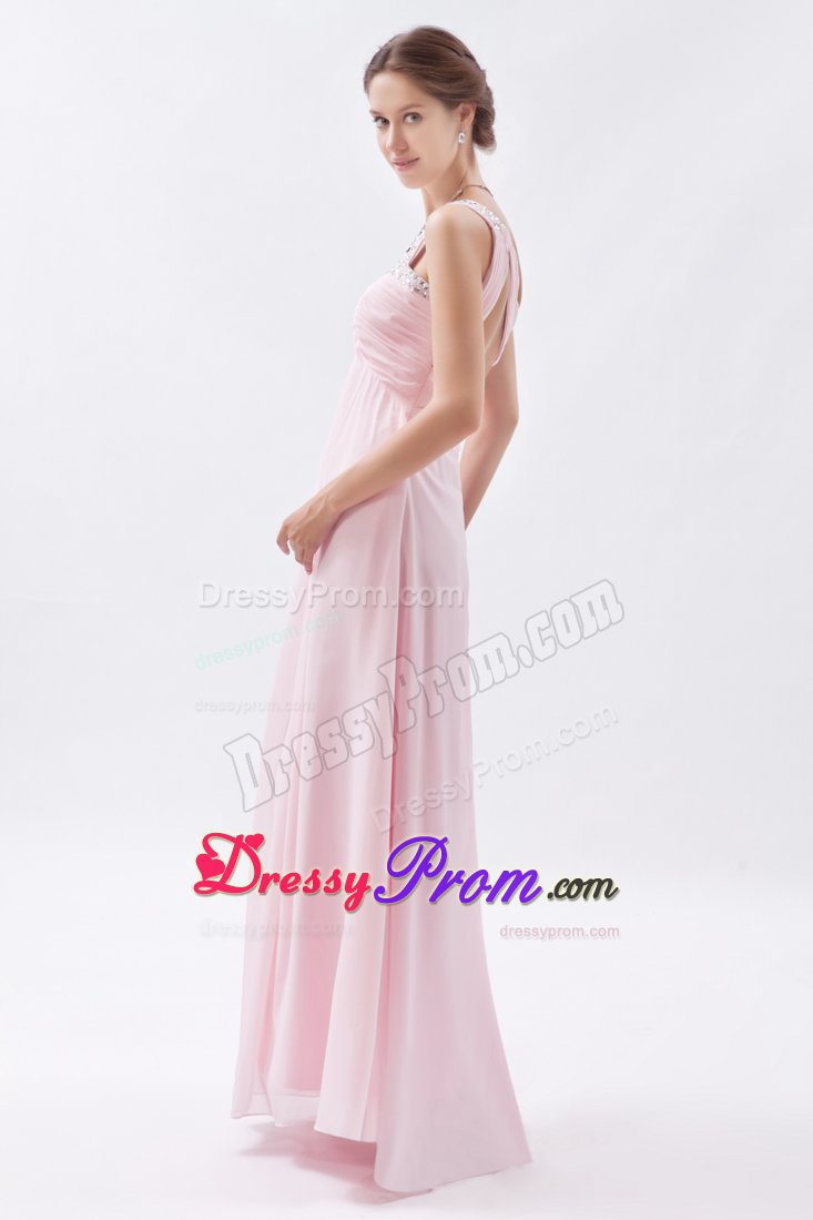 Baby Pink Empire One Shoulder Prom Bridesmaid Dress with Beading