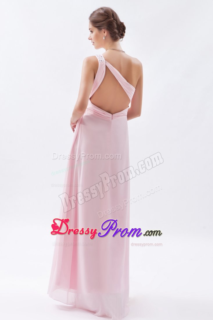 Baby Pink Empire One Shoulder Prom Bridesmaid Dress with Beading