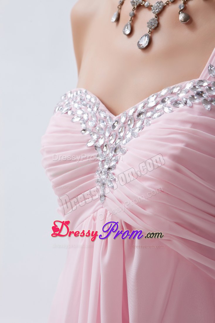 Baby Pink Empire One Shoulder Prom Bridesmaid Dress with Beading