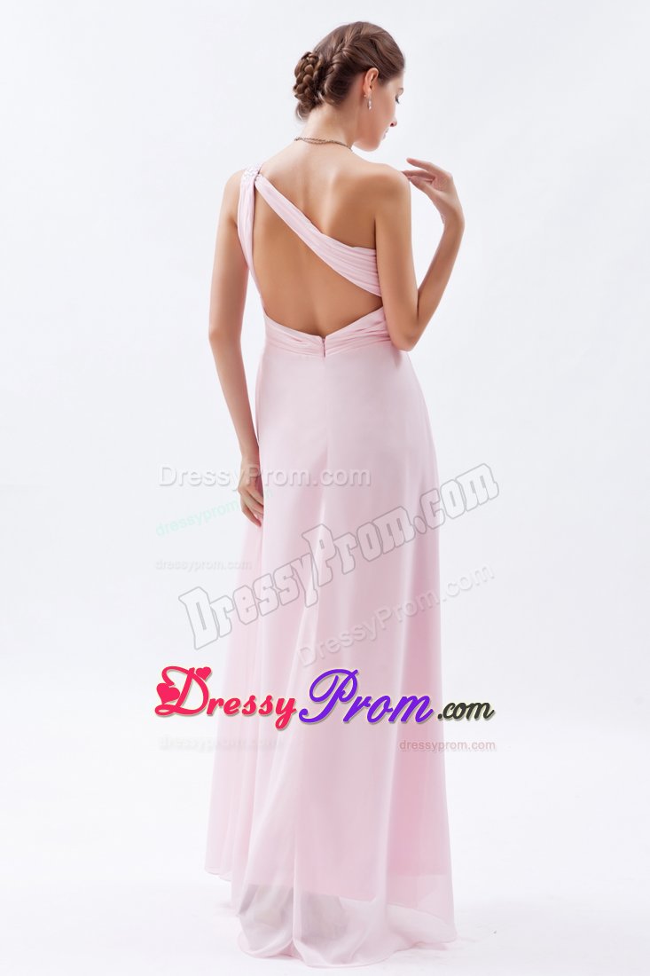 Baby Pink Empire One Shoulder Prom Bridesmaid Dress with Beading