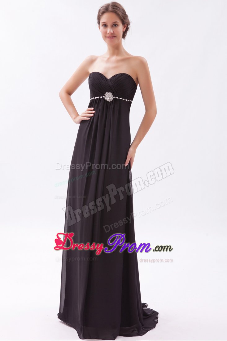 Beaded and Ruched Black Brush Train Prom Bridesmaid Dress 2014
