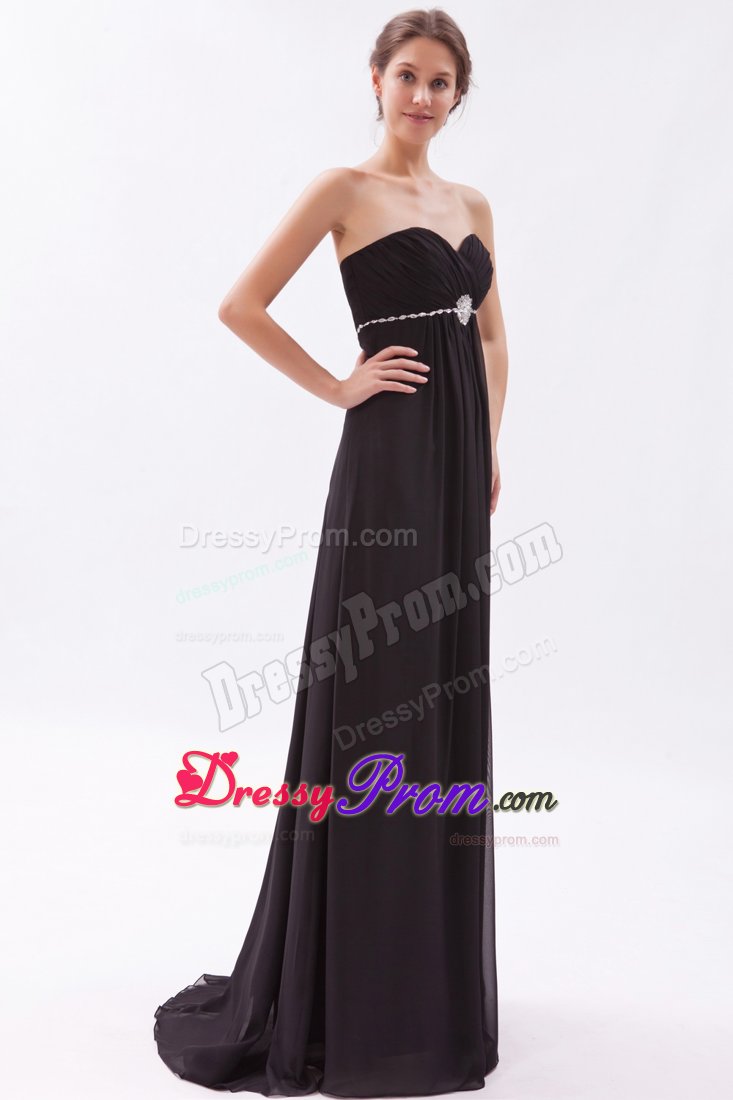 Beaded and Ruched Black Brush Train Prom Bridesmaid Dress 2014