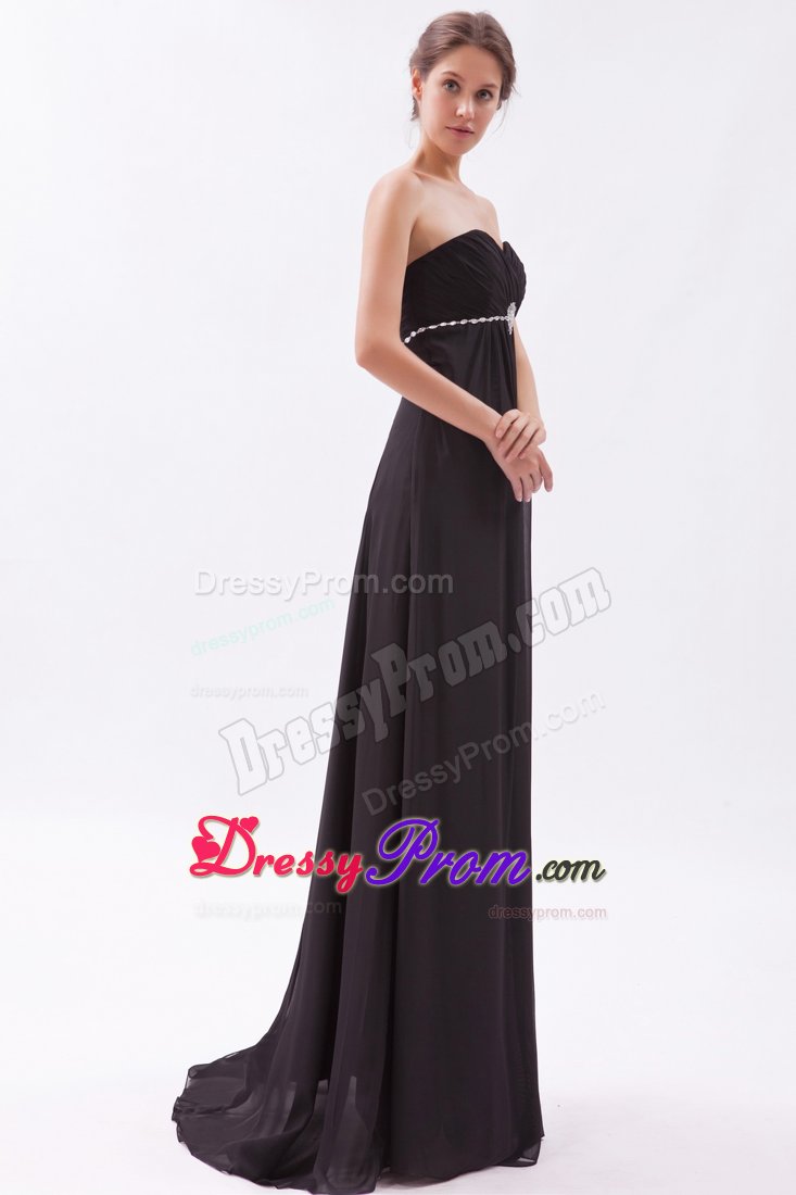 Beaded and Ruched Black Brush Train Prom Bridesmaid Dress 2014
