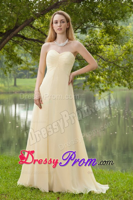 Encinitas CA Ruched Brush Train Prom Maxi Dress in Light Yellow