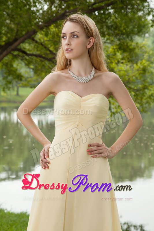 Encinitas CA Ruched Brush Train Prom Maxi Dress in Light Yellow