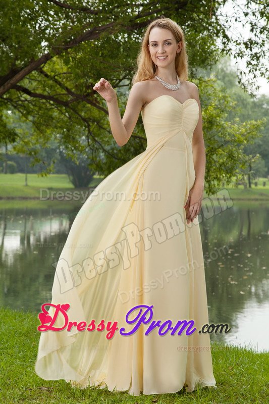 Encinitas CA Ruched Brush Train Prom Maxi Dress in Light Yellow