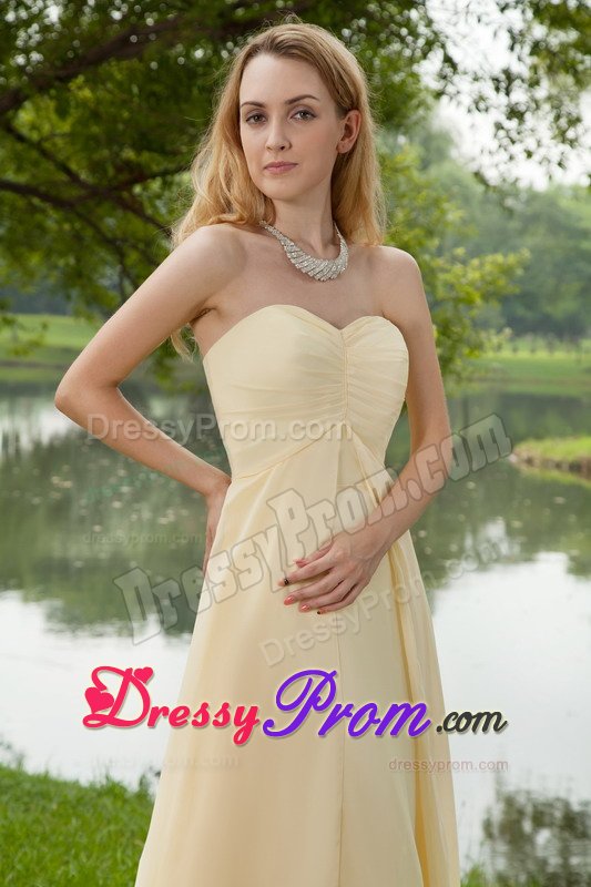 Encinitas CA Ruched Brush Train Prom Maxi Dress in Light Yellow