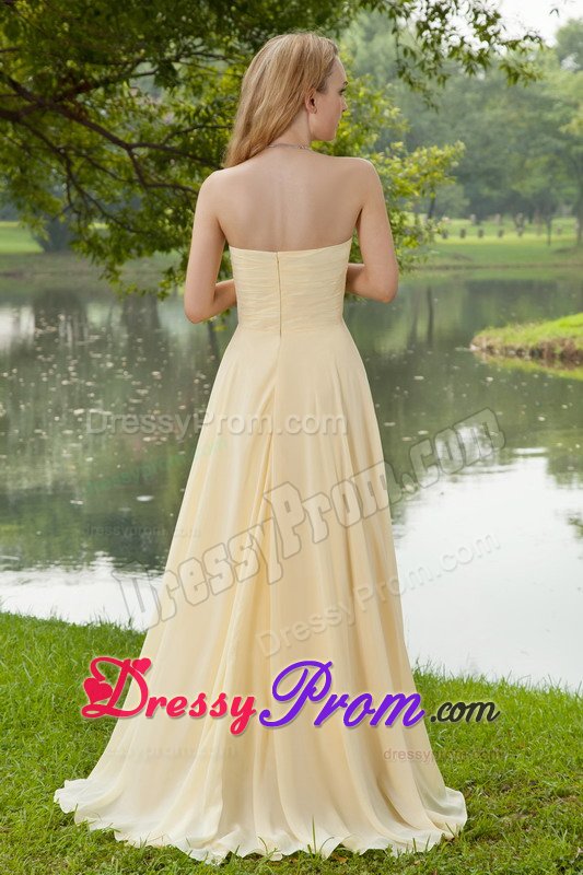 Encinitas CA Ruched Brush Train Prom Maxi Dress in Light Yellow