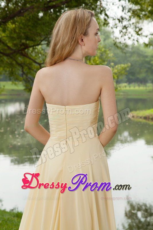 Encinitas CA Ruched Brush Train Prom Maxi Dress in Light Yellow