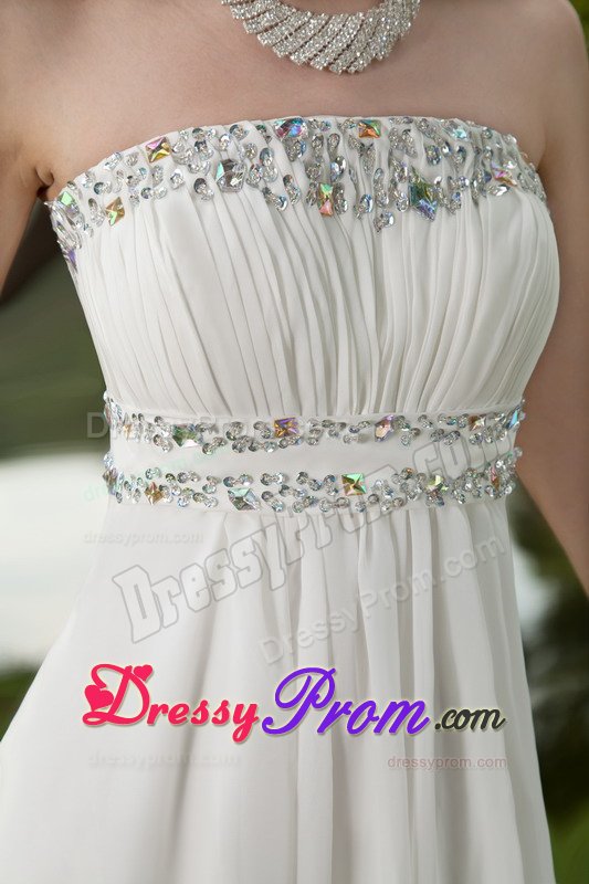 Beading and Ruches Accent White Brush Train Prom Maxi Dress 2014