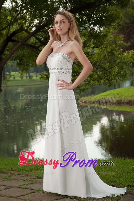 Beading and Ruches Accent White Brush Train Prom Maxi Dress 2014