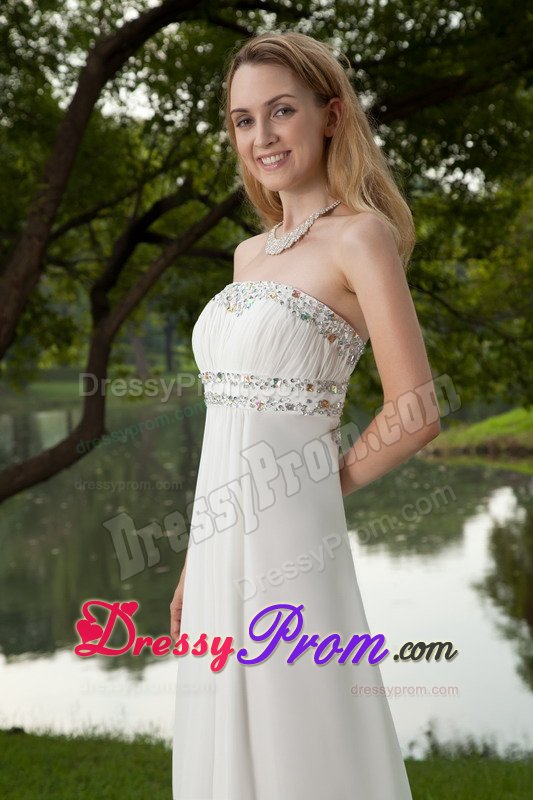 Beading and Ruches Accent White Brush Train Prom Maxi Dress 2014