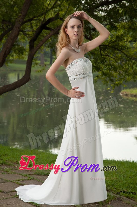 Beading and Ruches Accent White Brush Train Prom Maxi Dress 2014