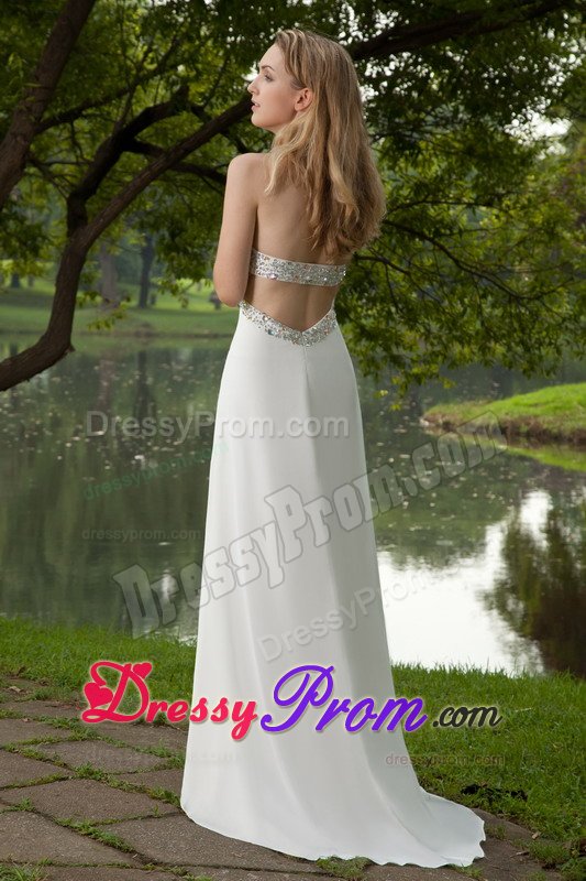 Beading and Ruches Accent White Brush Train Prom Maxi Dress 2014