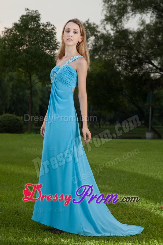 Appliqued One Shoulder Blue Brush Prom Maxi Dress with Ruches