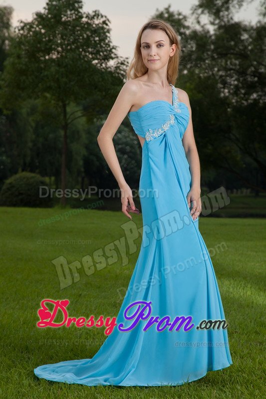 Appliqued One Shoulder Blue Brush Prom Maxi Dress with Ruches