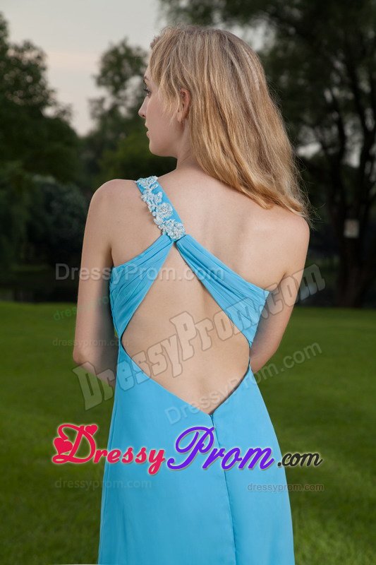 Appliqued One Shoulder Blue Brush Prom Maxi Dress with Ruches
