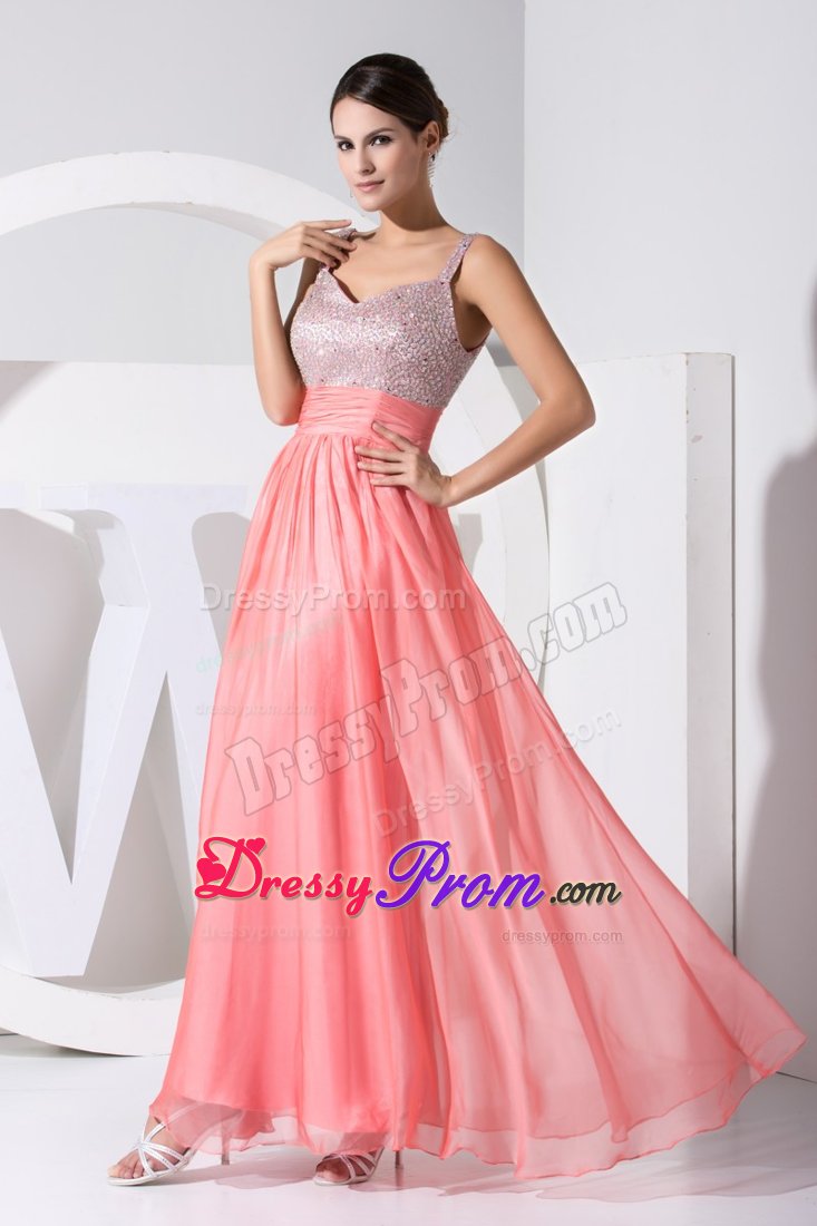 Watermelon Straps Chiffon Prom Maxi Dress with Beading and Ruches
