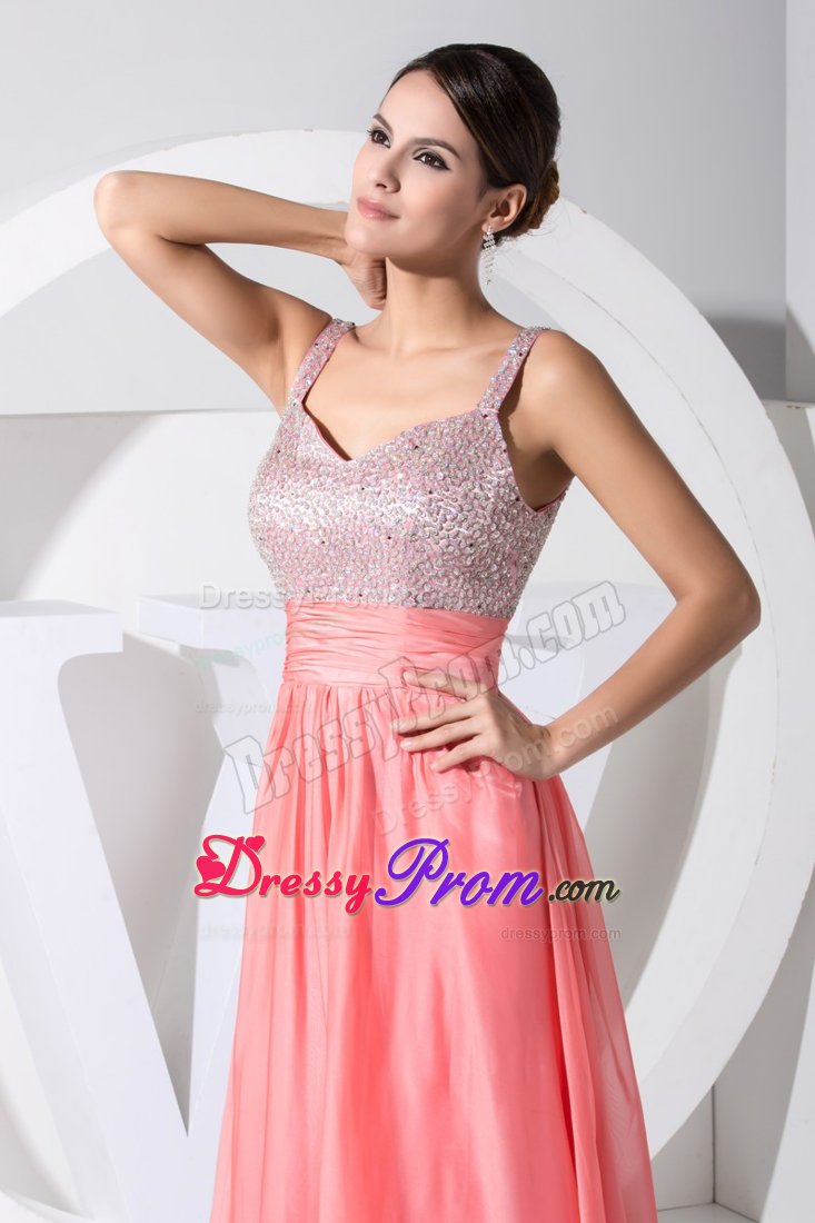 Watermelon Straps Chiffon Prom Maxi Dress with Beading and Ruches