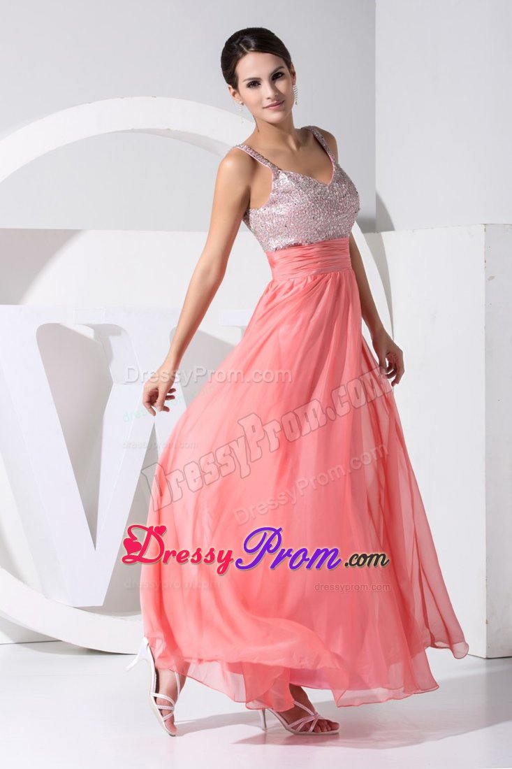 Watermelon Straps Chiffon Prom Maxi Dress with Beading and Ruches