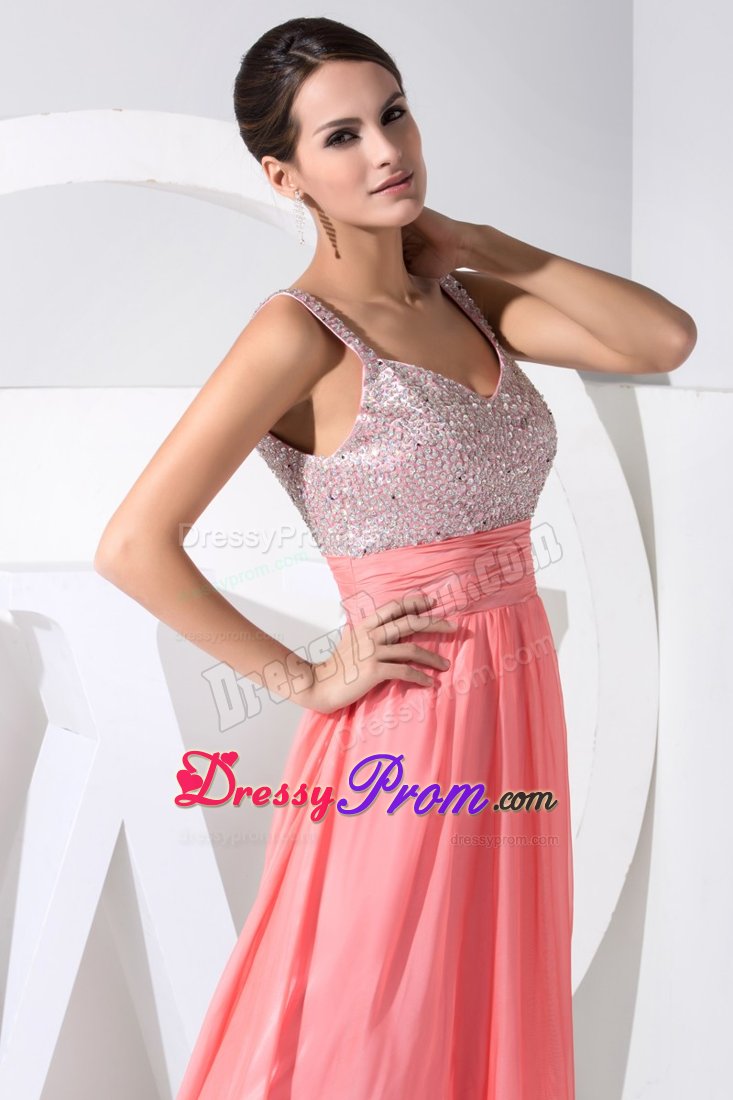 Watermelon Straps Chiffon Prom Maxi Dress with Beading and Ruches