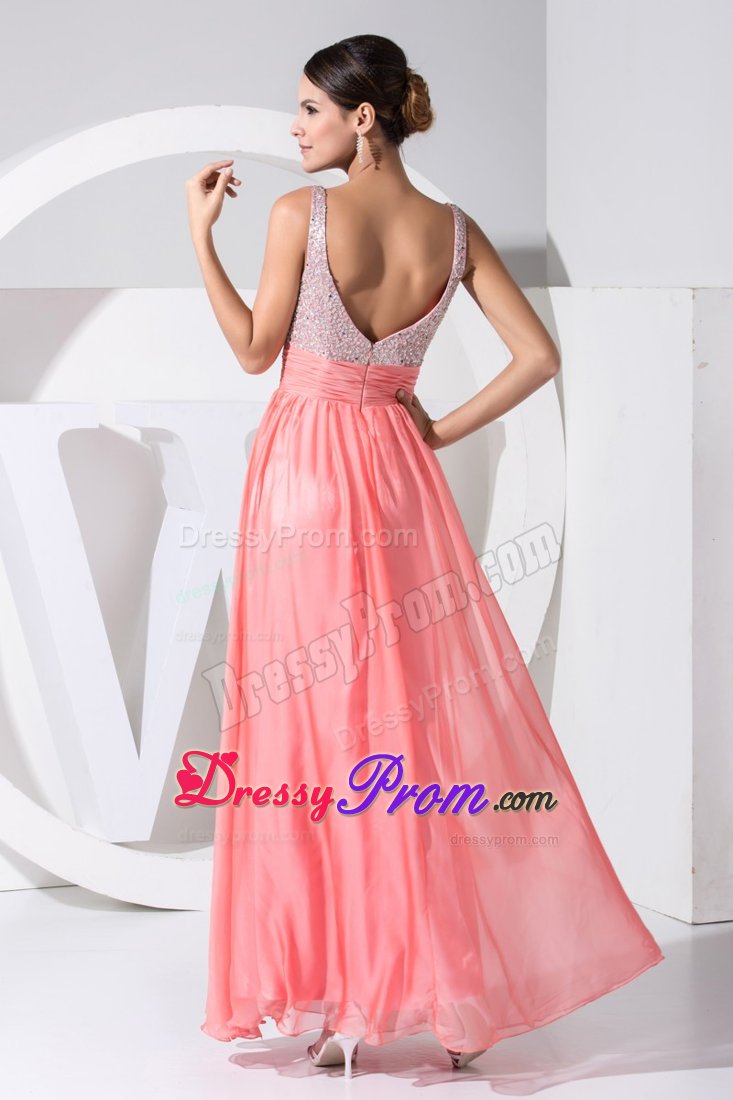 Watermelon Straps Chiffon Prom Maxi Dress with Beading and Ruches