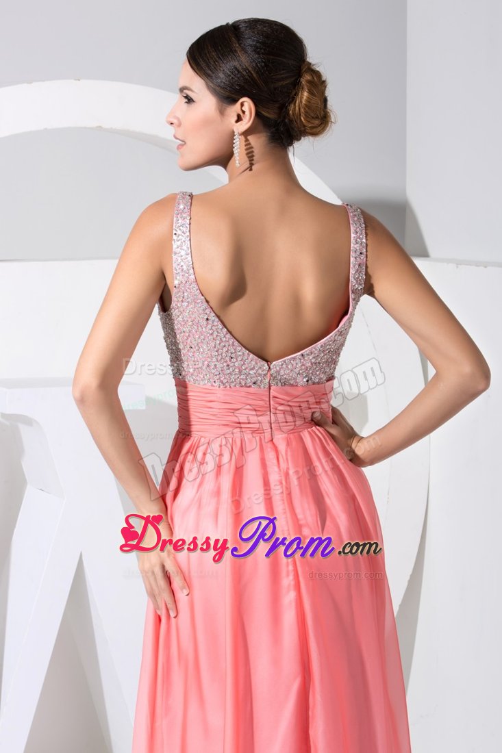Watermelon Straps Chiffon Prom Maxi Dress with Beading and Ruches
