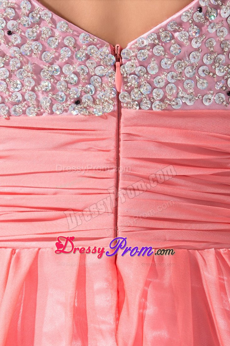 Watermelon Straps Chiffon Prom Maxi Dress with Beading and Ruches