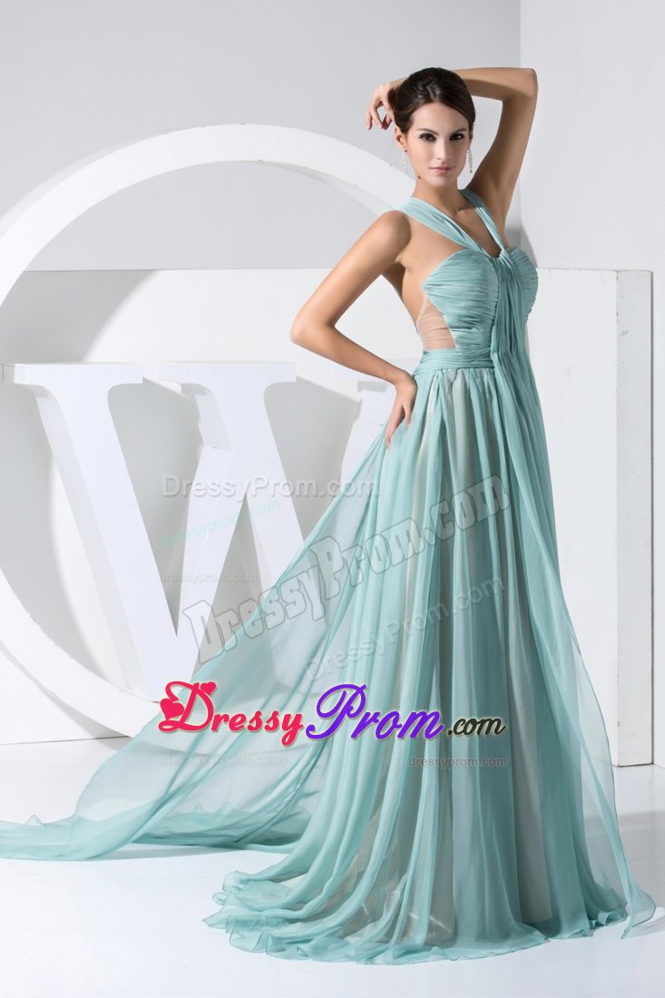 Ruching Accent V-neck Chiffon Prom Maxi Dress with Watteau Train