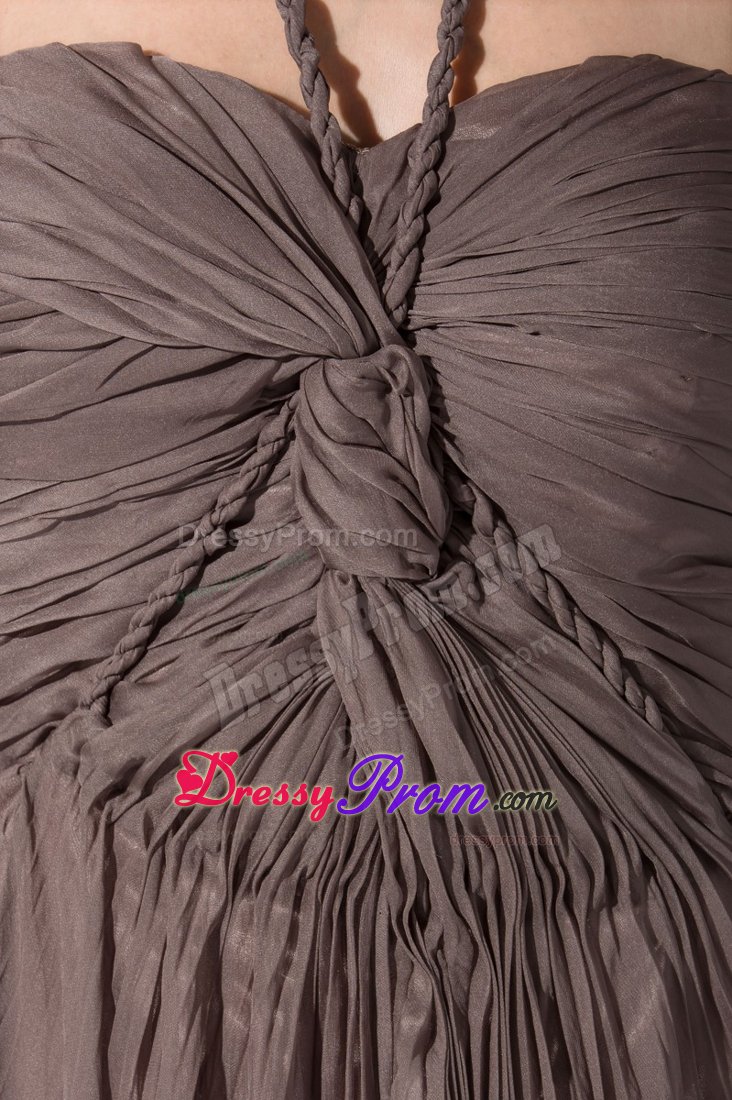 Brown V-neck Brush Train Prom Maxi Dress with Ruches and Pleats