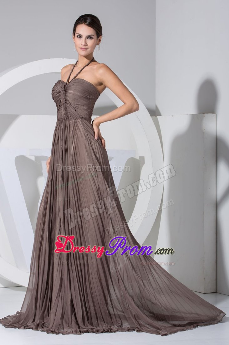Brown V-neck Brush Train Prom Maxi Dress with Ruches and Pleats