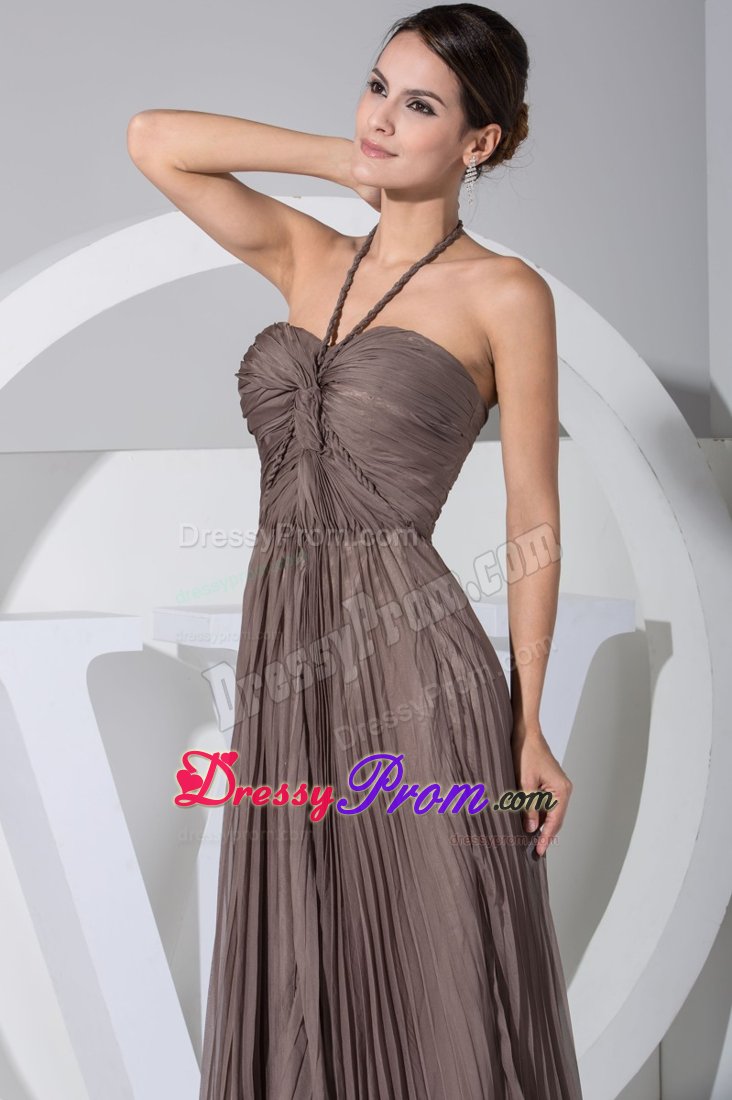 Brown V-neck Brush Train Prom Maxi Dress with Ruches and Pleats