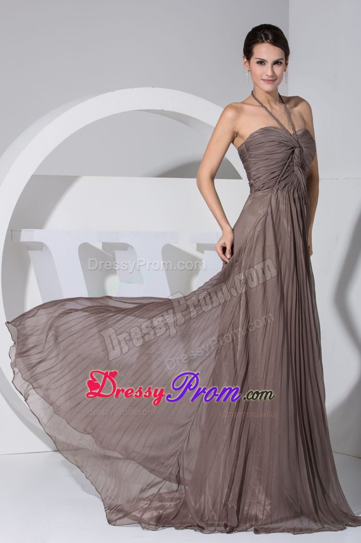 Brown V-neck Brush Train Prom Maxi Dress with Ruches and Pleats