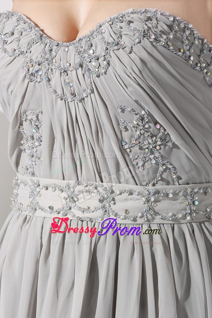Appliqued and Ruched Gray Chiffon Sweetheart Prom Maxi Dresses