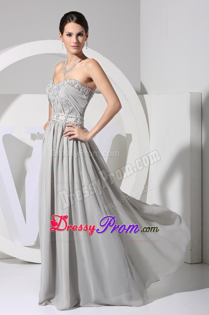 Appliqued and Ruched Gray Chiffon Sweetheart Prom Maxi Dresses