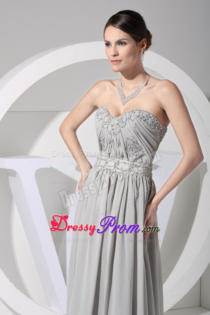 Appliqued and Ruched Gray Chiffon Sweetheart Prom Maxi Dresses