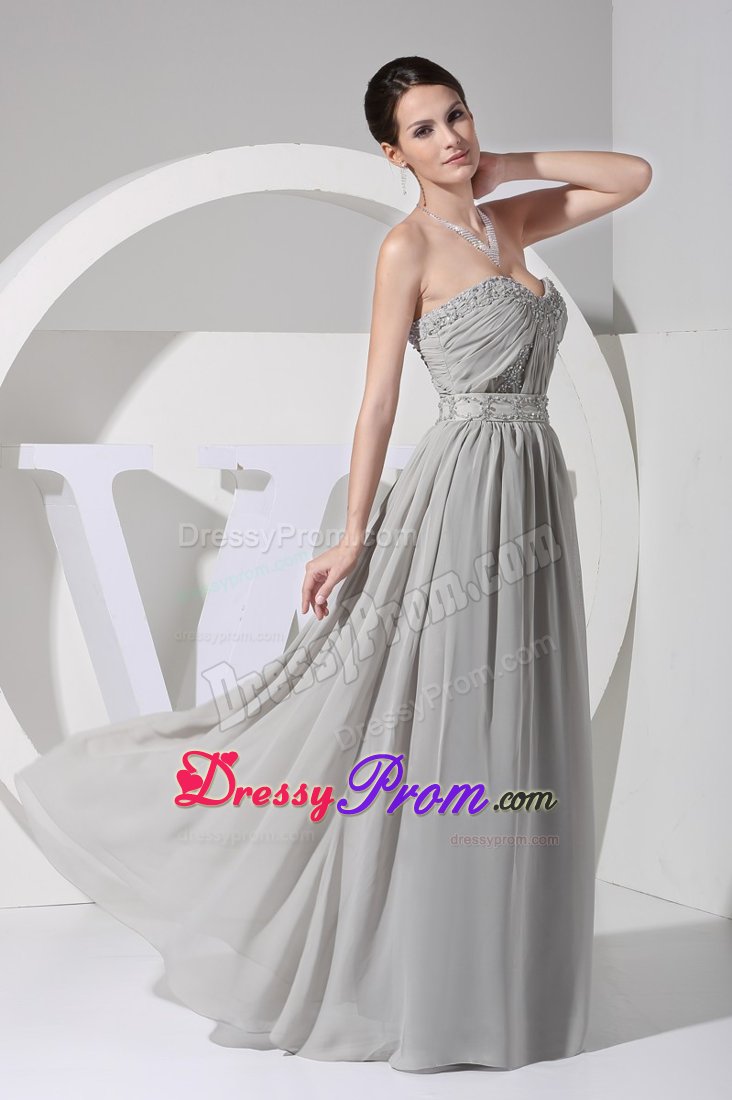 Appliqued and Ruched Gray Chiffon Sweetheart Prom Maxi Dresses