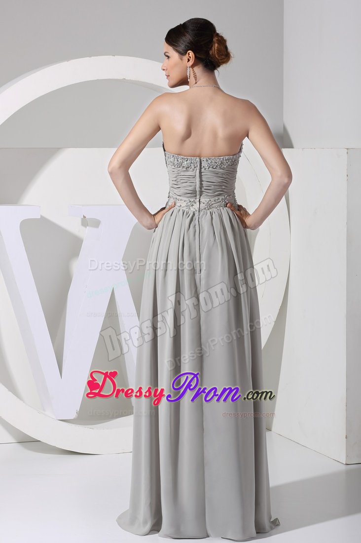 Appliqued and Ruched Gray Chiffon Sweetheart Prom Maxi Dresses