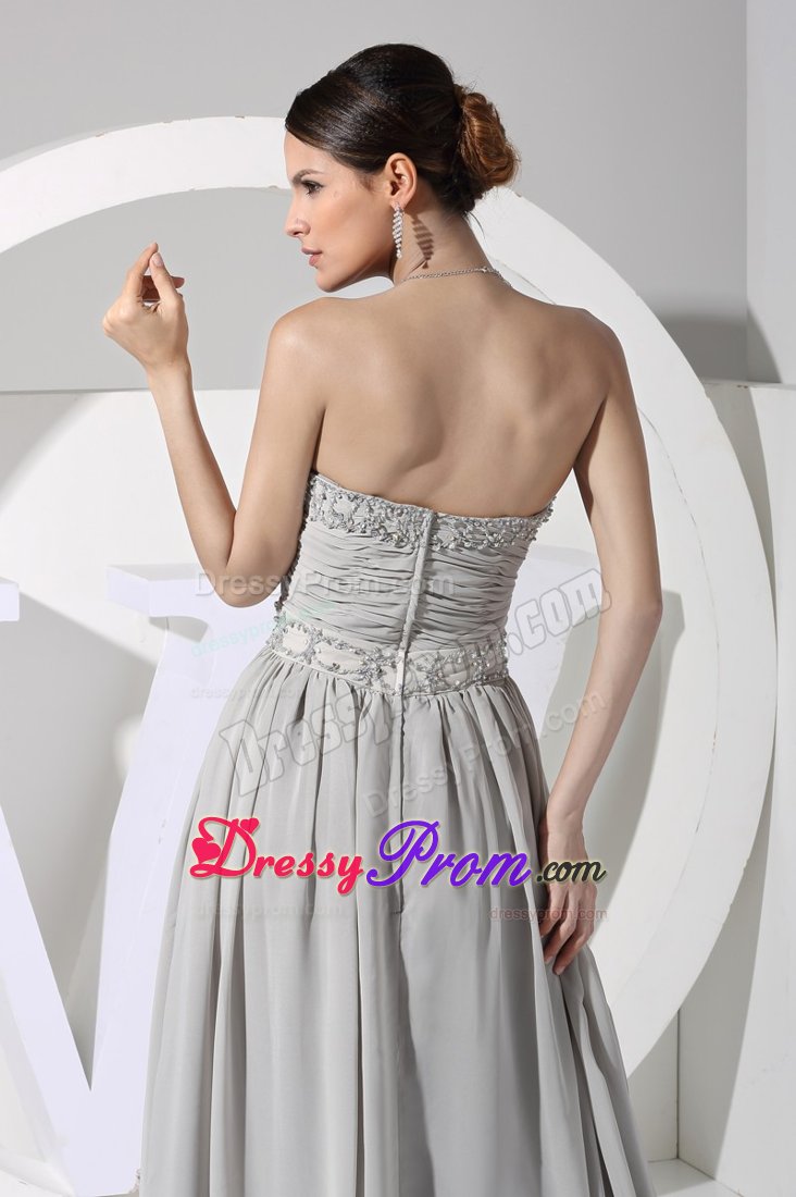 Appliqued and Ruched Gray Chiffon Sweetheart Prom Maxi Dresses