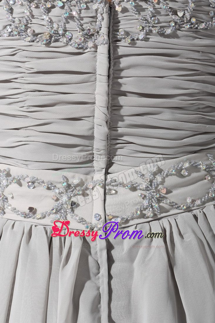 Appliqued and Ruched Gray Chiffon Sweetheart Prom Maxi Dresses